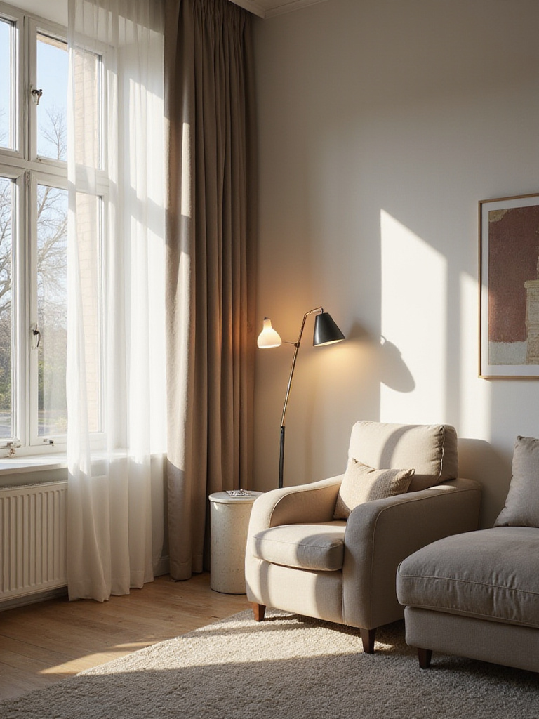 Living room with layered lighting, including floor lamp, table lamp, and accent lighting.