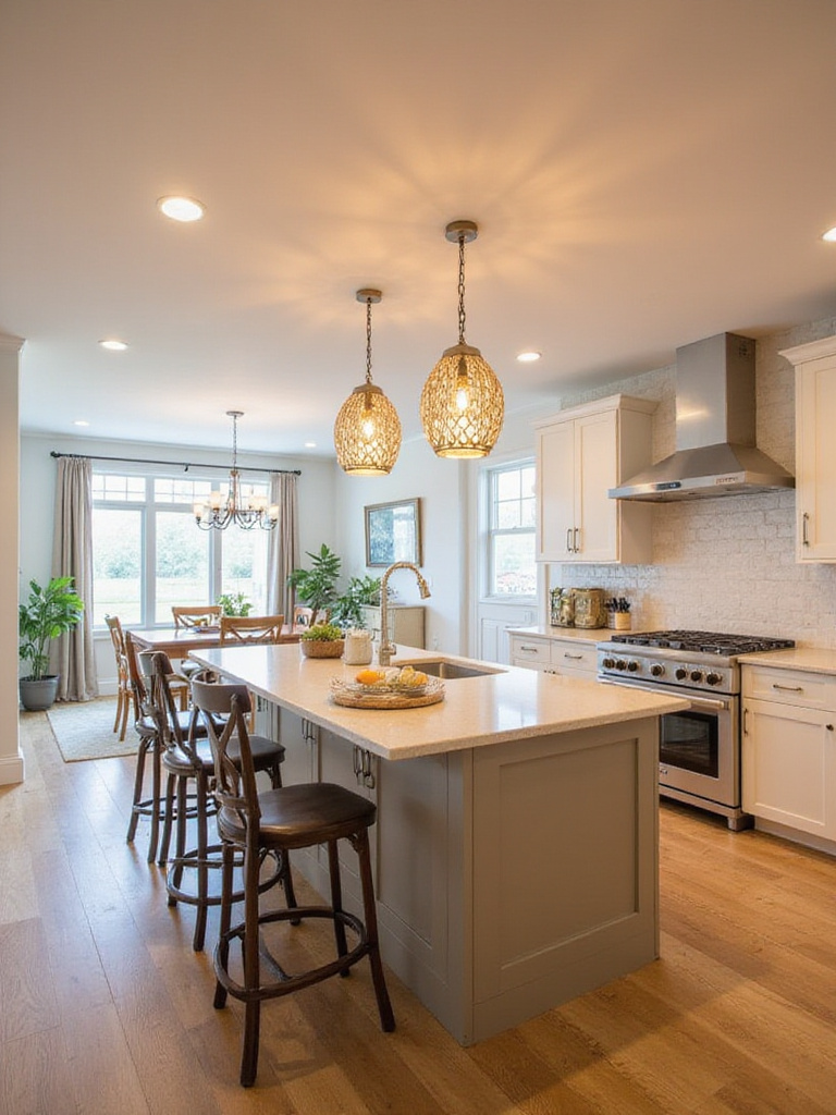 Kitchen peninsula bar with pendant lighting, serving as a versatile social and functional space in an open-concept home.