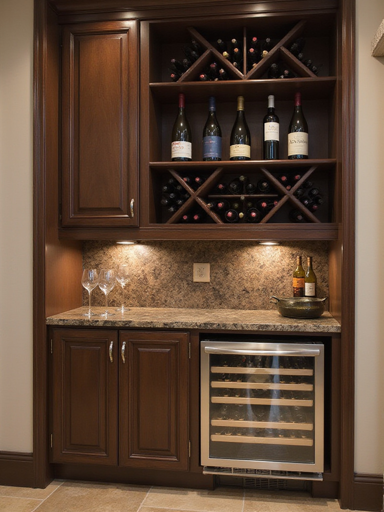 Integrated wine bar section within a kitchen bar, featuring dedicated wine storage and elegant display.