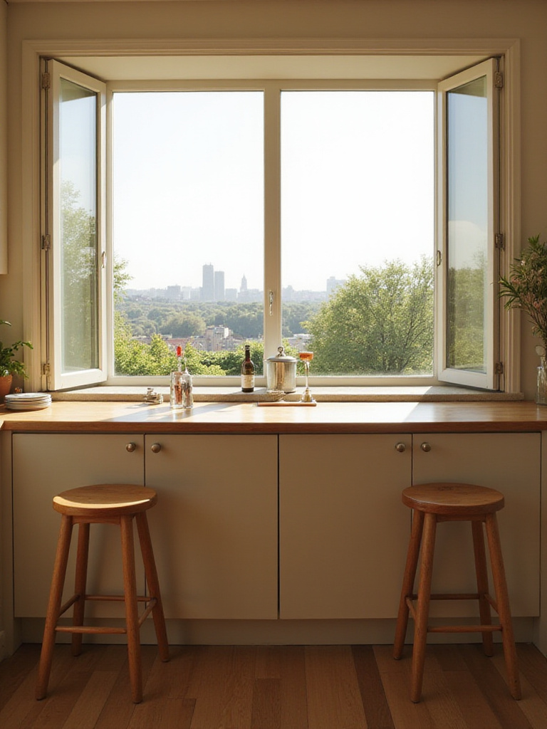 Scenic kitchen window bar offering natural light and an outdoor view, creating a pleasant spot for meals or work.