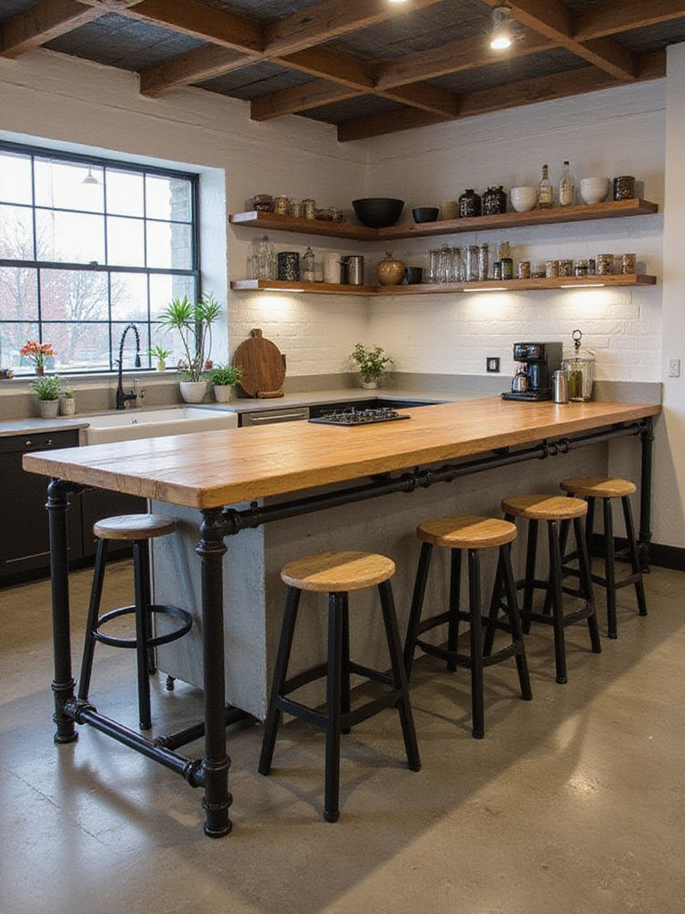 Industrial-style kitchen bar with a countertop supported by exposed pipe fittings, creating a raw and modern aesthetic.