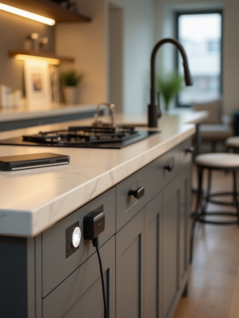 Kitchen bar with integrated power outlets and USB charging ports, showcasing tech-friendly and convenient design.