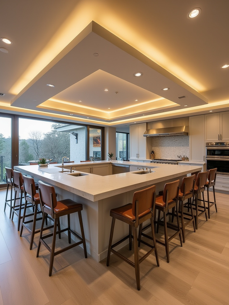 A social U-shaped kitchen bar designed for interaction and entertaining, offering generous seating in a large kitchen.