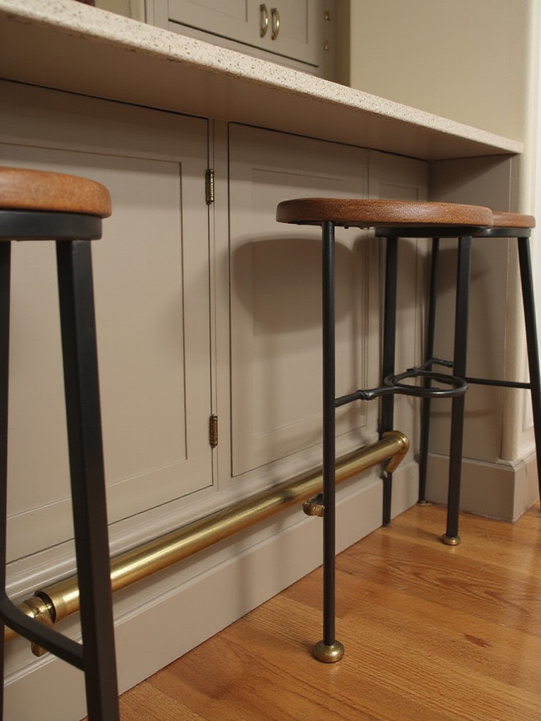 Kitchen bar with a built-in metal footrail, enhancing seating comfort and adding a classic design touch.