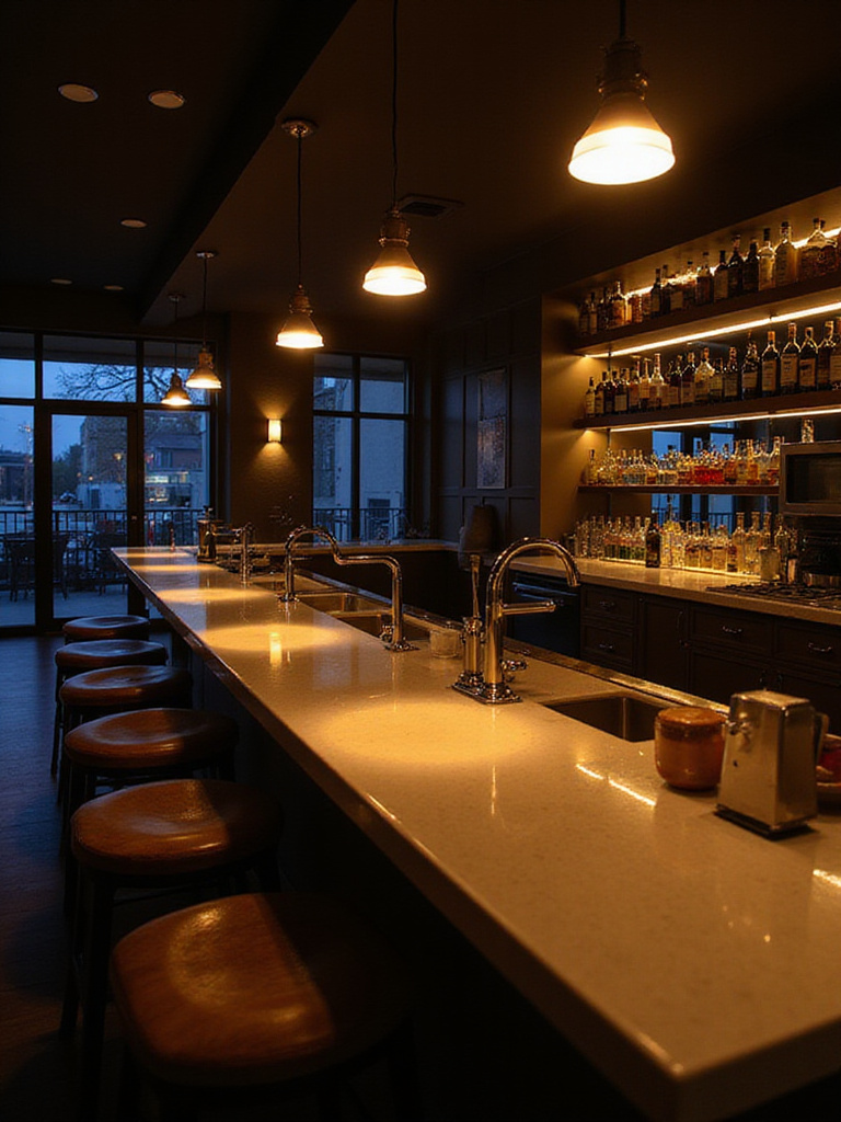 Kitchen bar with integrated lighting, such as pendant lights or under-counter LEDs, creating ambiance and functional illumination.