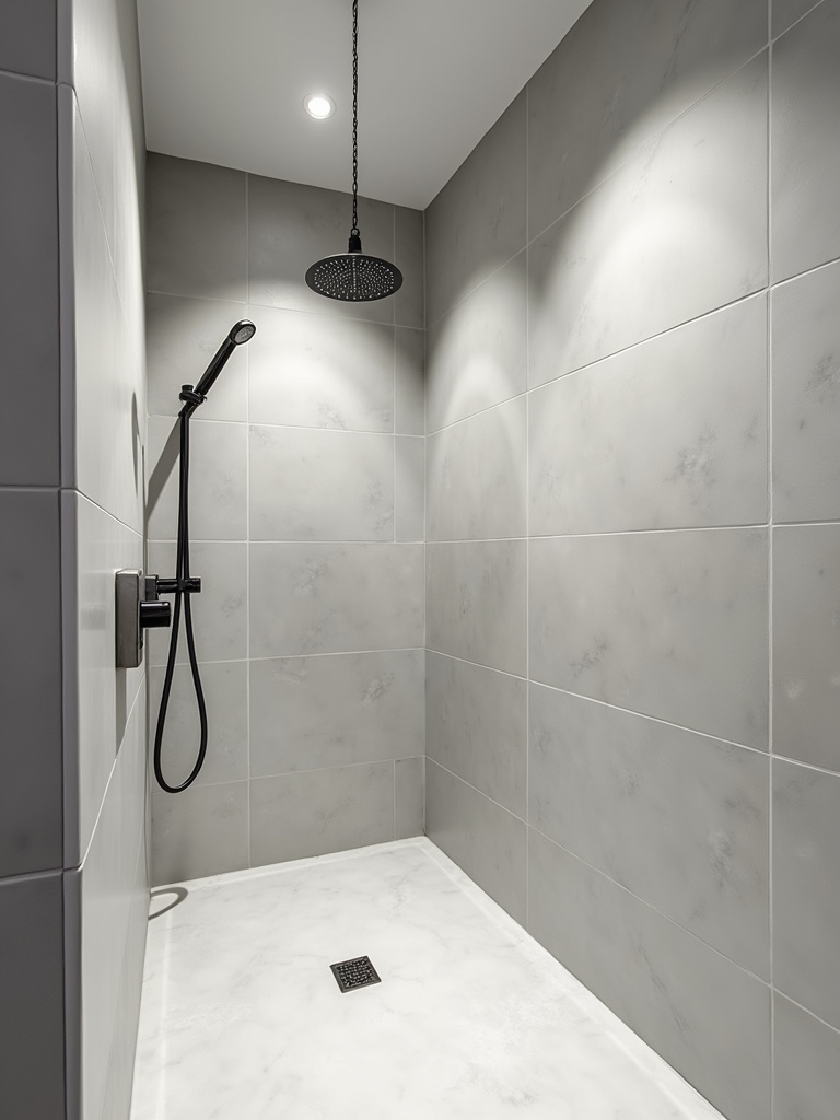 Minimalist modern shower with sleek light gray large format porcelain tiles on walls and floor.