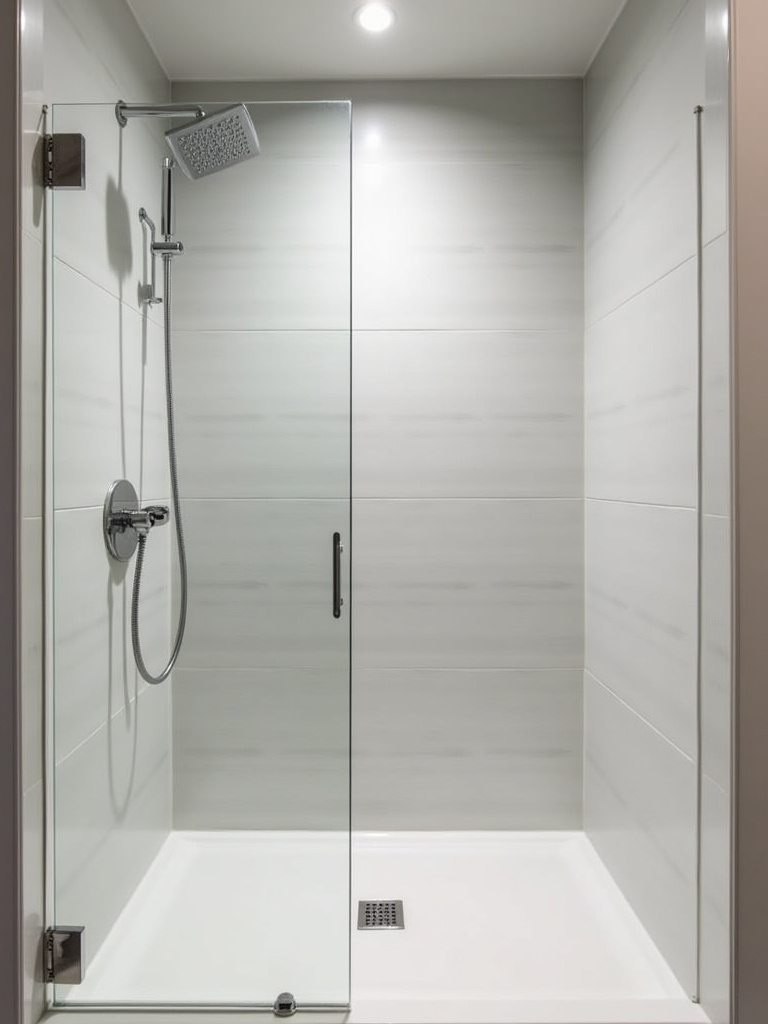 Minimalist shower with light gray large format porcelain tiles creating a seamless wall surface.