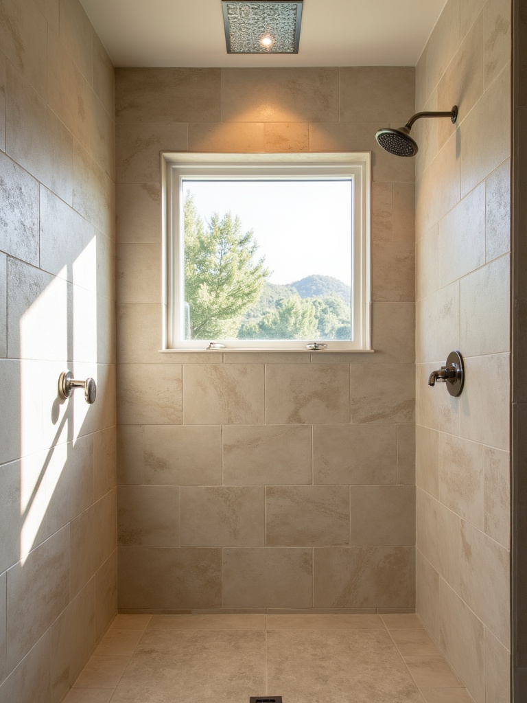 Modern natural shower with beige textured stone-look porcelain tile walls.