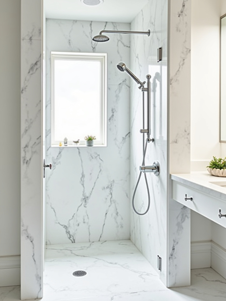 Elegant shower with white marble-look porcelain tiles for a high-end aesthetic.