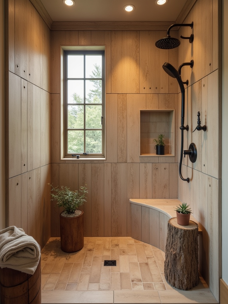 Warm rustic shower with light brown wood-look porcelain tiles on the walls.