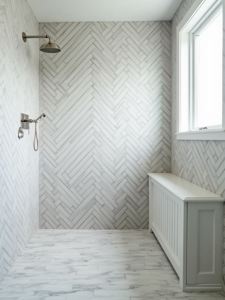 Elegant shower with light gray subway tiles arranged in a dynamic herringbone pattern.