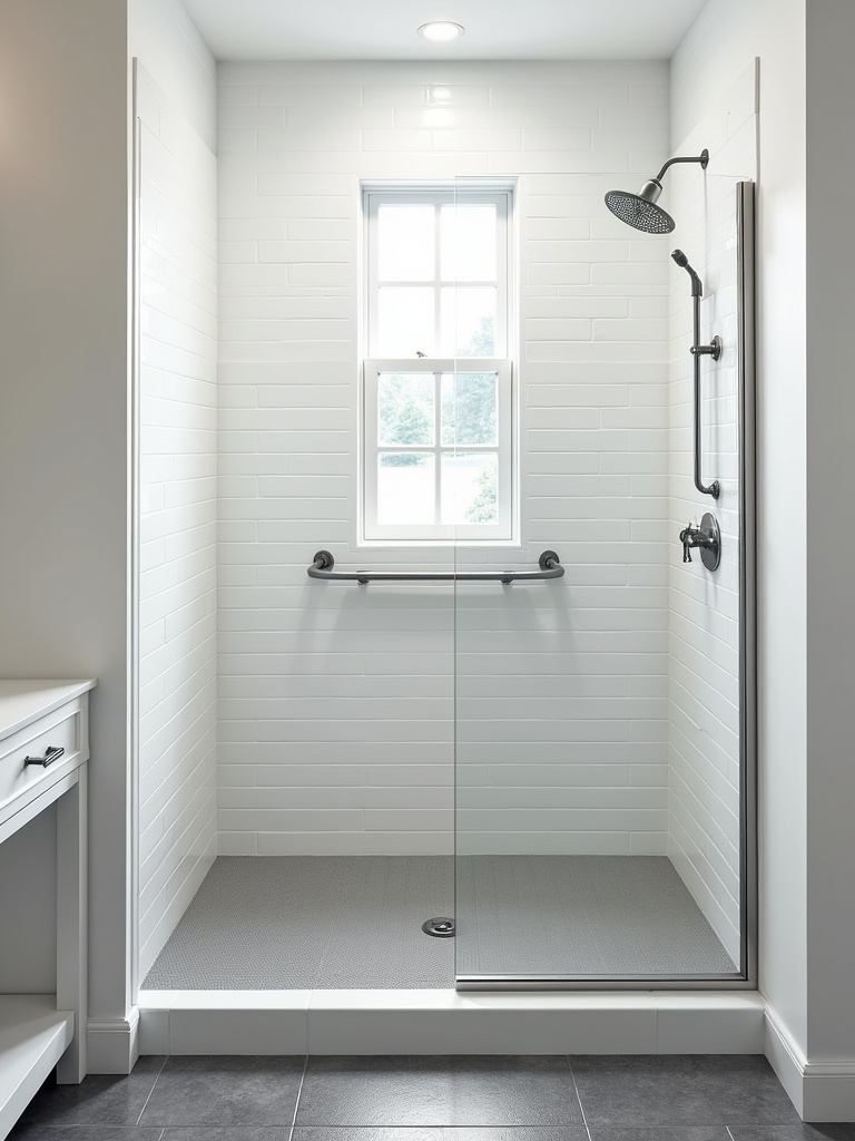 Safe shower with textured gray non-slip porcelain tiles on the floor for enhanced safety.