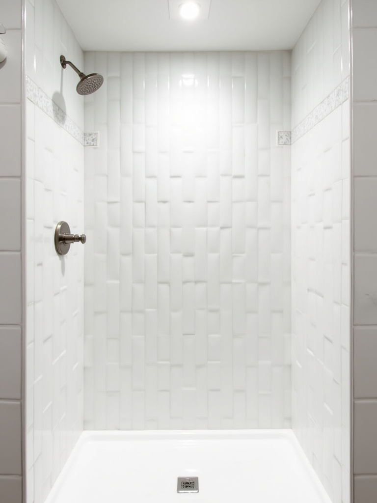 Minimalist shower with white rectangular tiles in a clean vertical stacked pattern.