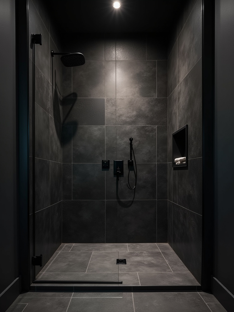 Dramatic shower with dark charcoal gray slate tiles creating a moody and luxurious retreat.