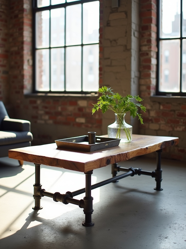 Industrial loft living room with reclaimed wood and iron pipe coffee table.