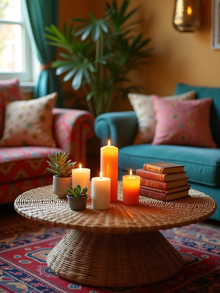 Bohemian living room with a round rattan coffee table, candles, succulents, and books.