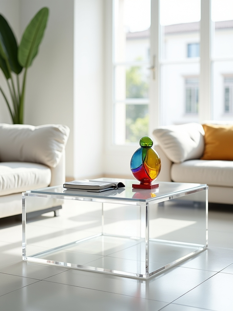 Modern living room with a clear acrylic cube coffee table, sculpture, and design book.