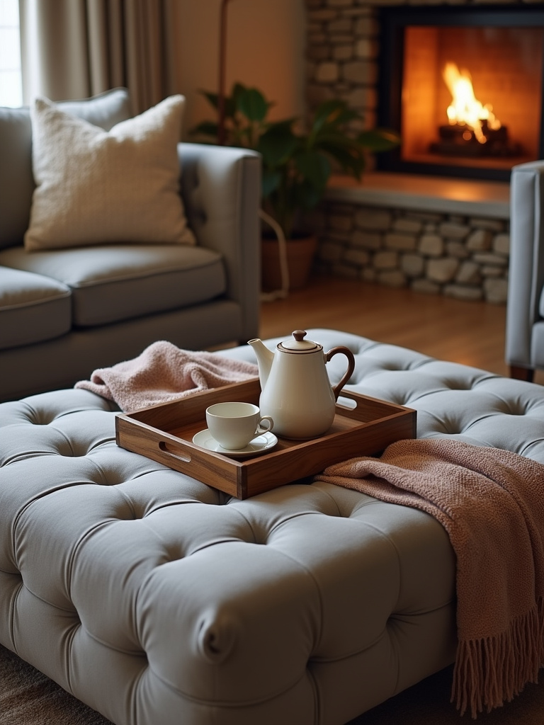 Relaxed living room with a tufted grey velvet ottoman coffee table, tea set, and blanket.