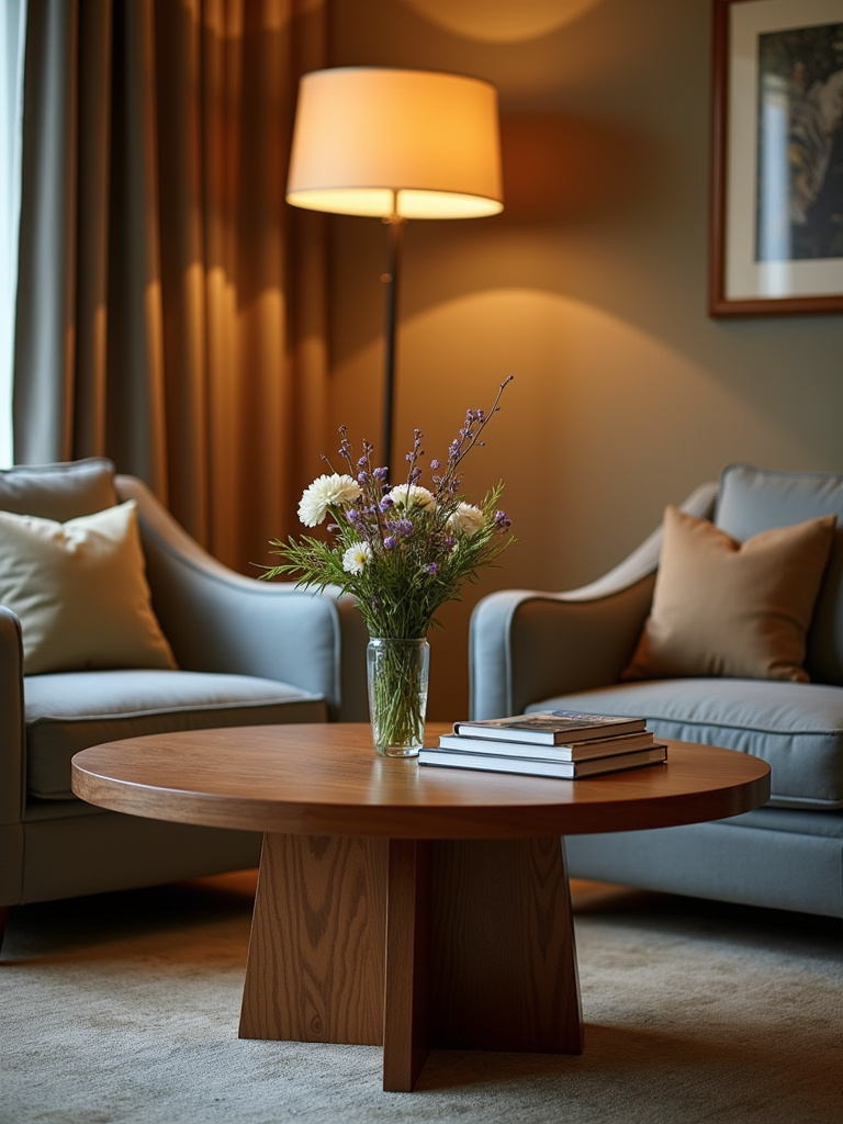 Inviting living room with a round walnut coffee table, flowers, and books.