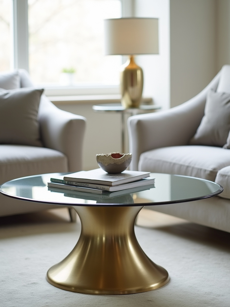 Elegant living room with an oval glass coffee table and brass base.