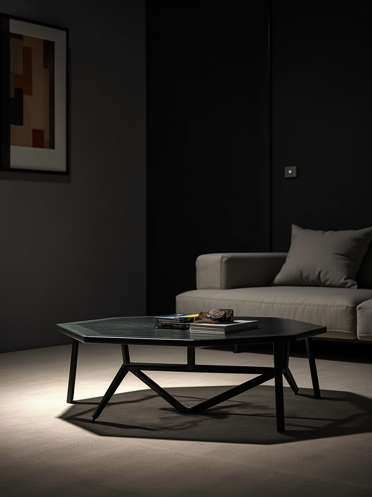 Modern living room with a hexagonal glass and metal geometric coffee table.