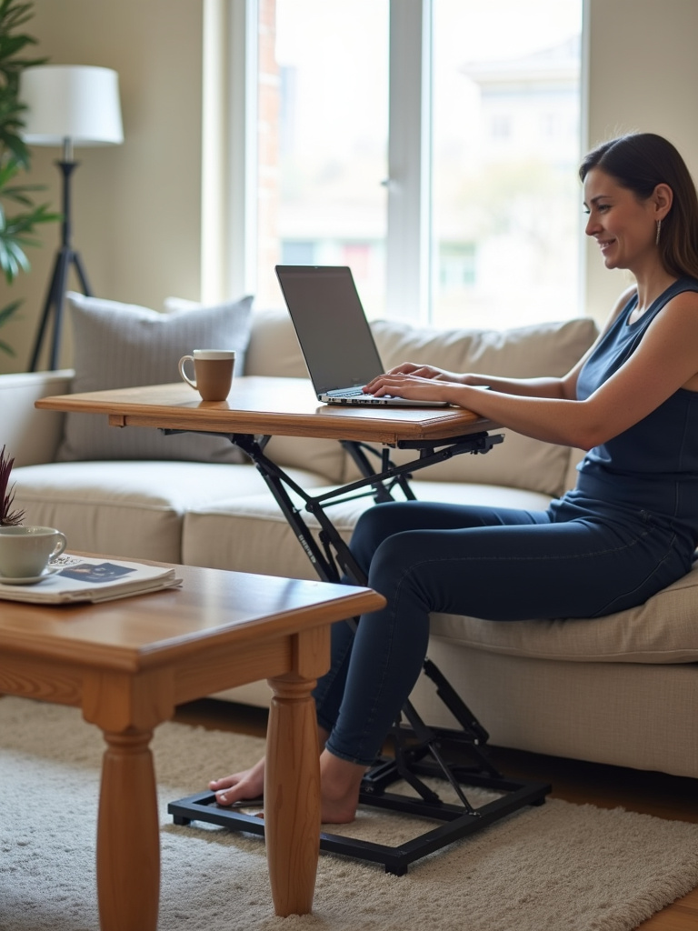 Multi-functional living room with a lift-top coffee table used as a workspace.