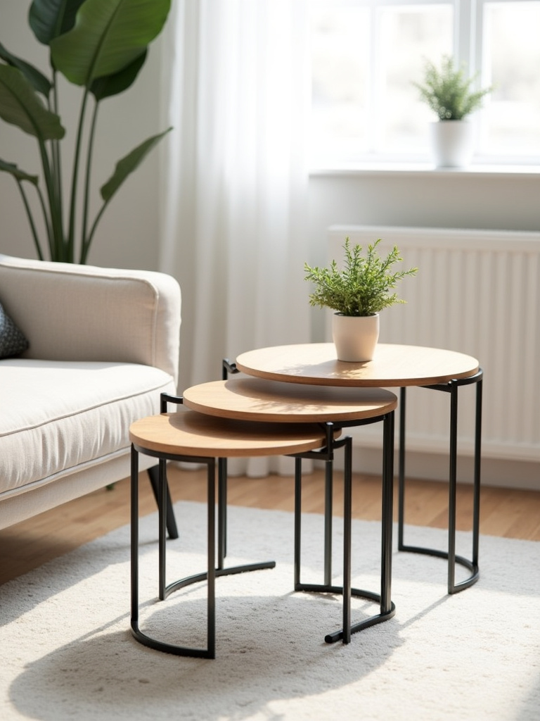 Small living room with nesting coffee tables partially nested, styled with a plant.