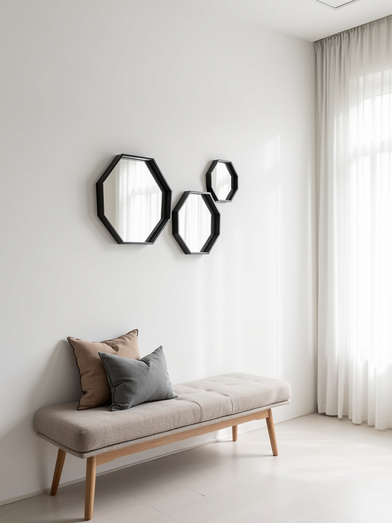 A minimalist living room featuring a set of hexagonal geometric mirrors on a white wall above a Scandinavian bench, filled with natural light.