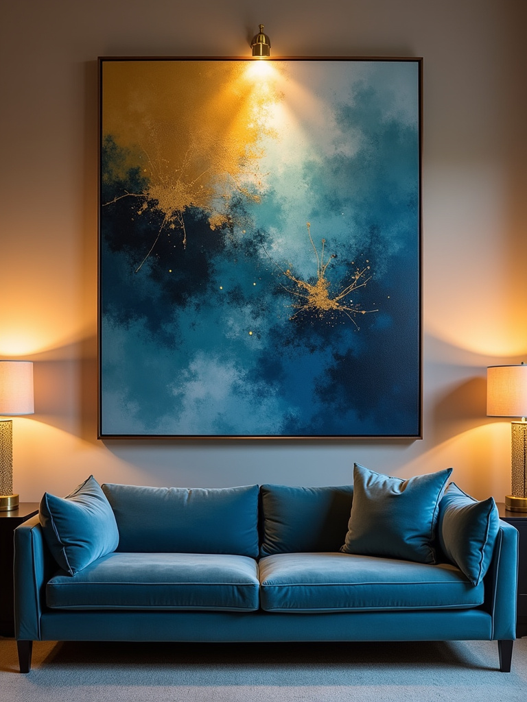 A modern living room featuring an oversized abstract painting in blue and gold as a statement piece above a velvet sofa.