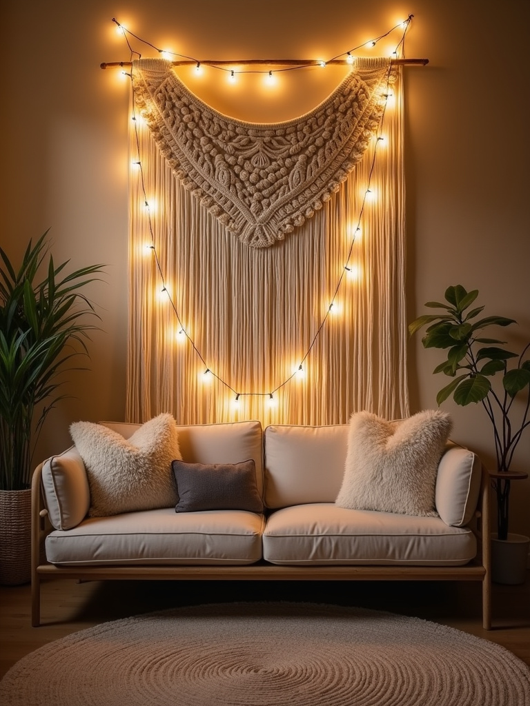 A bohemian chic living room featuring a large cream macrame wall hanging above a sofa, softly lit by string lights.