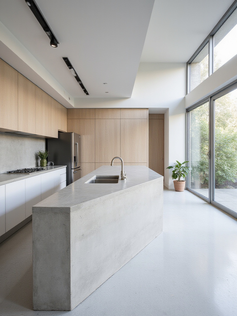 Minimalist kitchen featuring clean lines and a concrete island