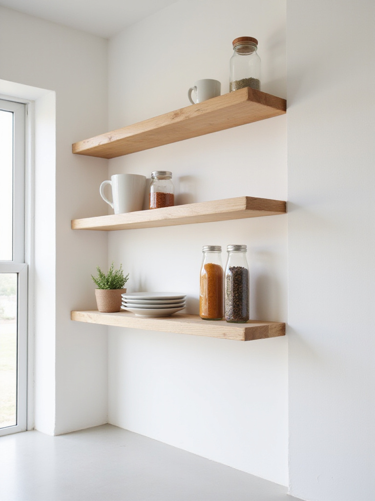 Minimalist kitchen with light wood open shelving showcasing essential kitchenware.