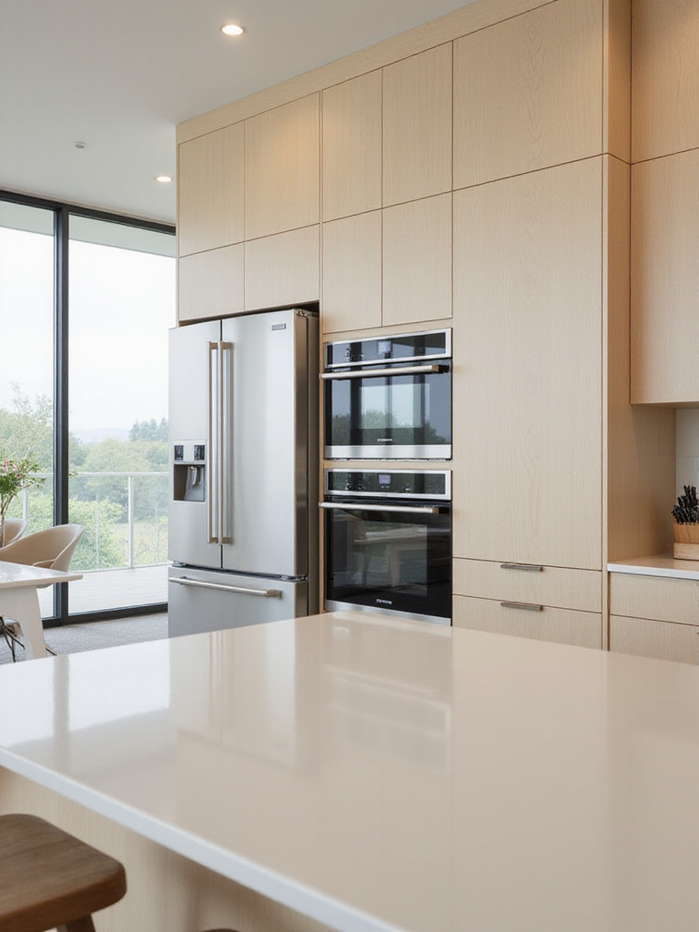 Minimalist kitchen with streamlined stainless steel appliances