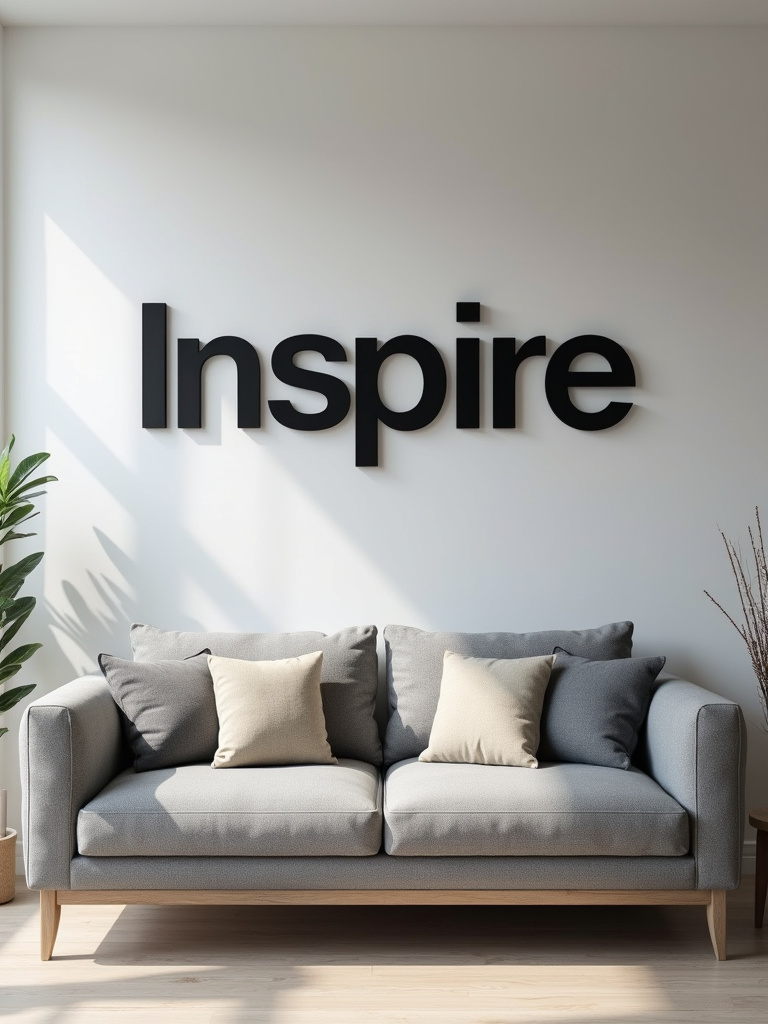 A modern minimalist living room featuring black metal word art