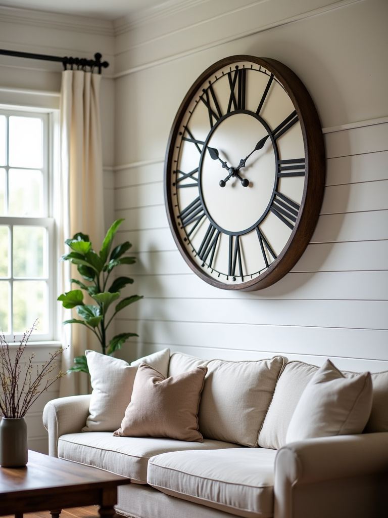 A farmhouse living room featuring a large rustic oversized wall clock with Roman numerals on a shiplap wall.