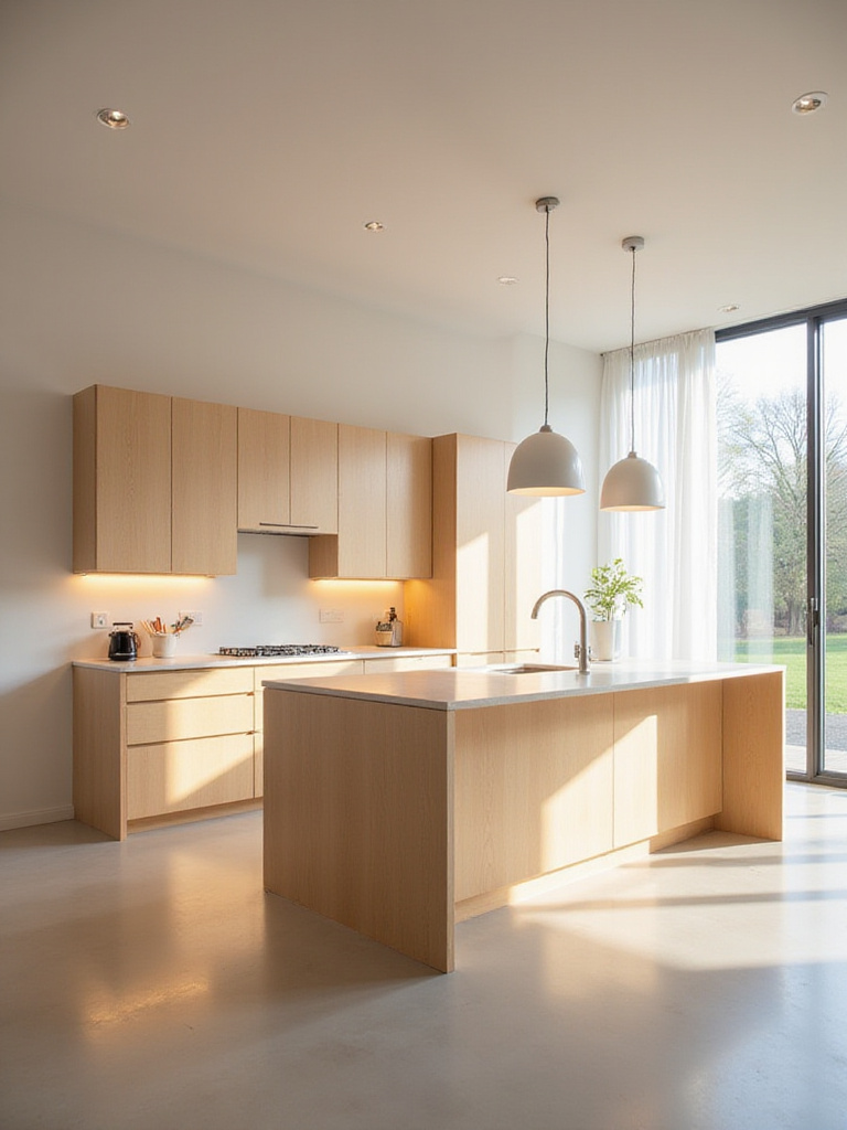 Minimalist kitchen with warm lighting creating a calming ambiance.