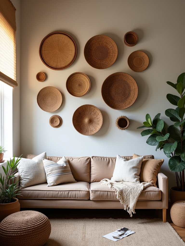 A bohemian living room featuring a wall decorated with a diverse collection of woven baskets in various sizes and patterns.