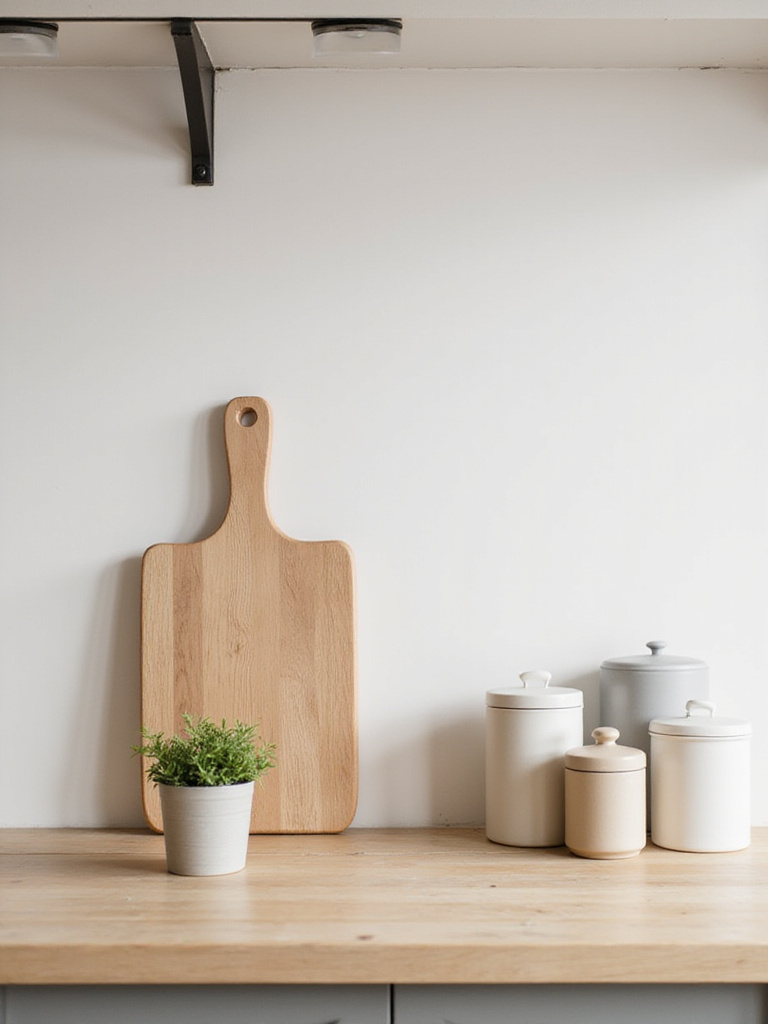 Minimalist kitchen countertop with wooden cutting board, ceramic canisters, and potted herb.