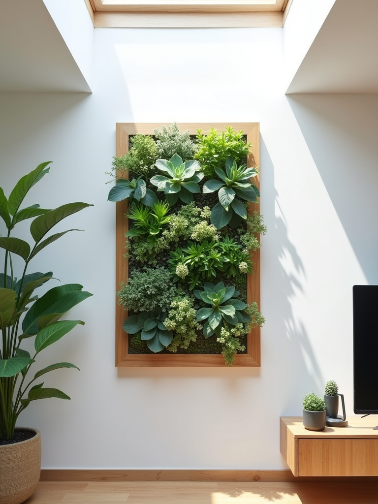 A modern living room showcasing a vertical succulent garden in a wooden frame mounted on a white wall, illuminated by skylight.