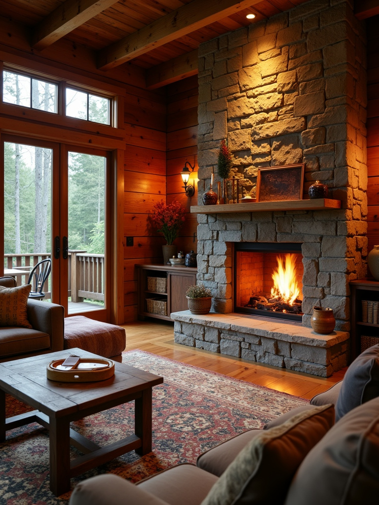 A rustic farmhouse living room with a wood plank accent wall behind a stone fireplace, illuminated by warm firelight.