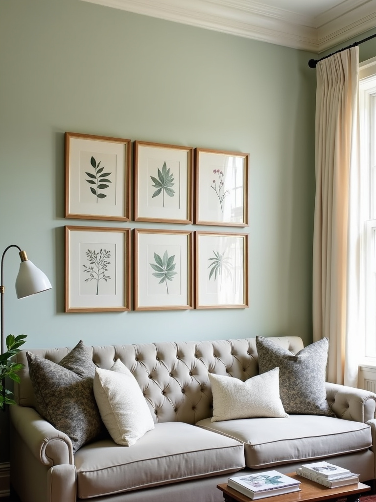A traditional living room featuring a gallery wall of framed botanical prints above a tufted sofa, bathed in soft natural light.