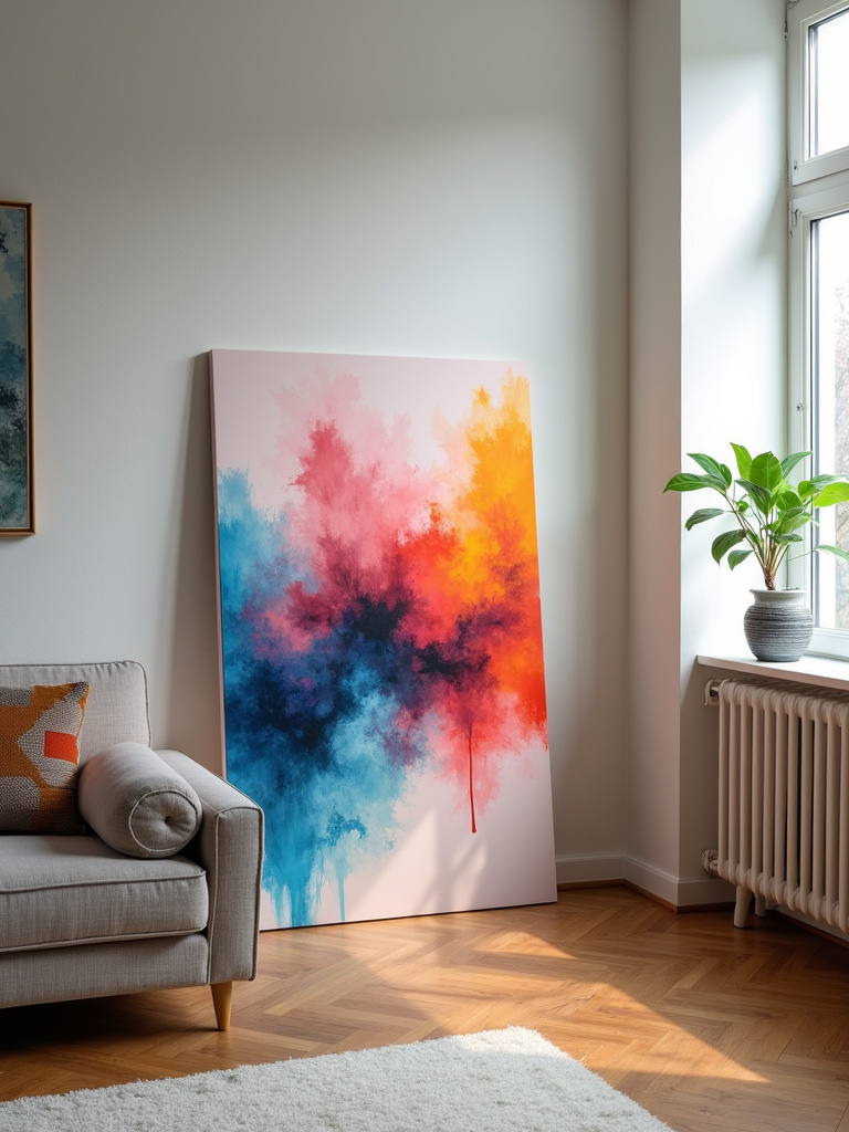 A modern living room featuring a large abstract DIY painted canvas art piece leaning against a wall, illuminated by natural light.