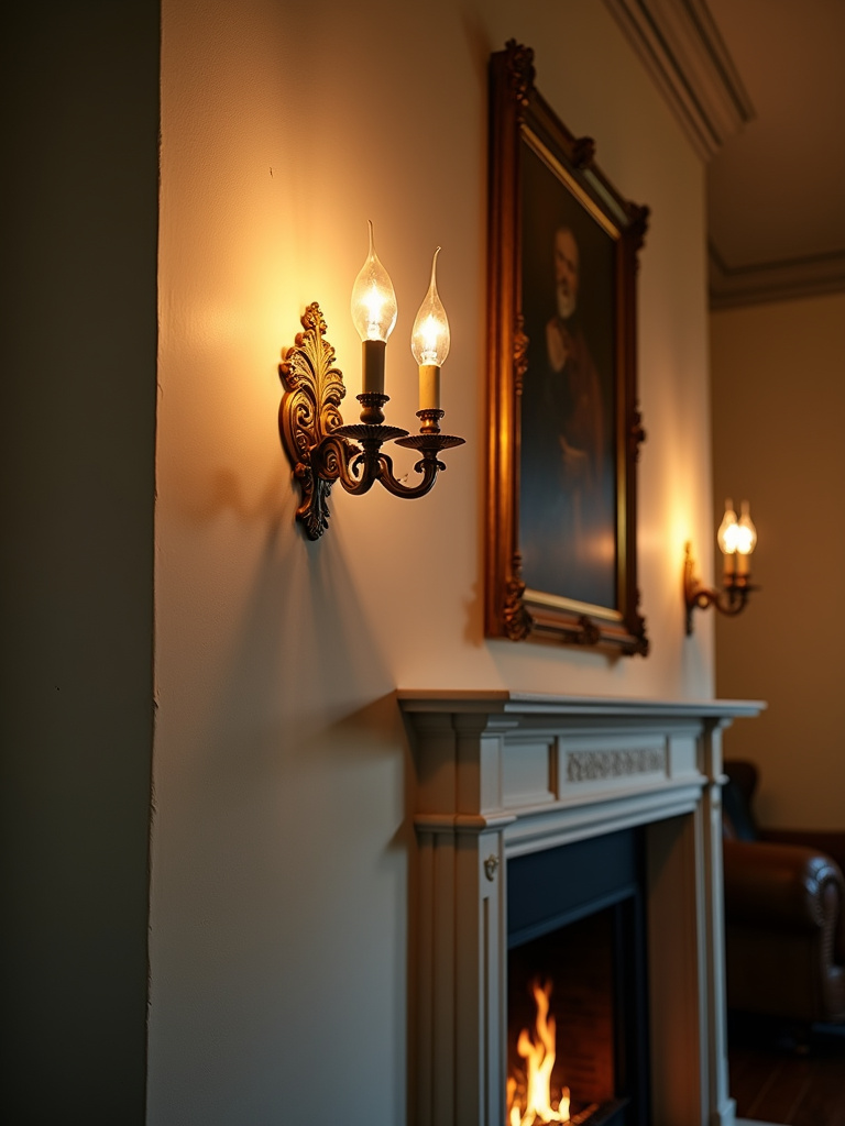 A classic living room featuring a pair of ornate brass wall sconces flanking a fireplace, casting warm light.