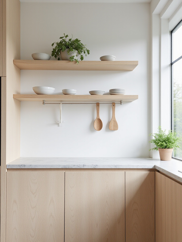 Minimalist kitchen featuring natural wood cabinetry and a marble countertop.