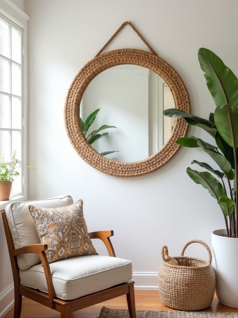 A bohemian coastal living room featuring a large circular rattan mirror hanging on a white wall, bathed in natural light.