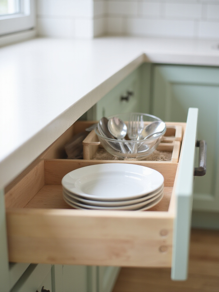 Minimalist kitchen drawer with neatly organized plates, utensils, and bowl