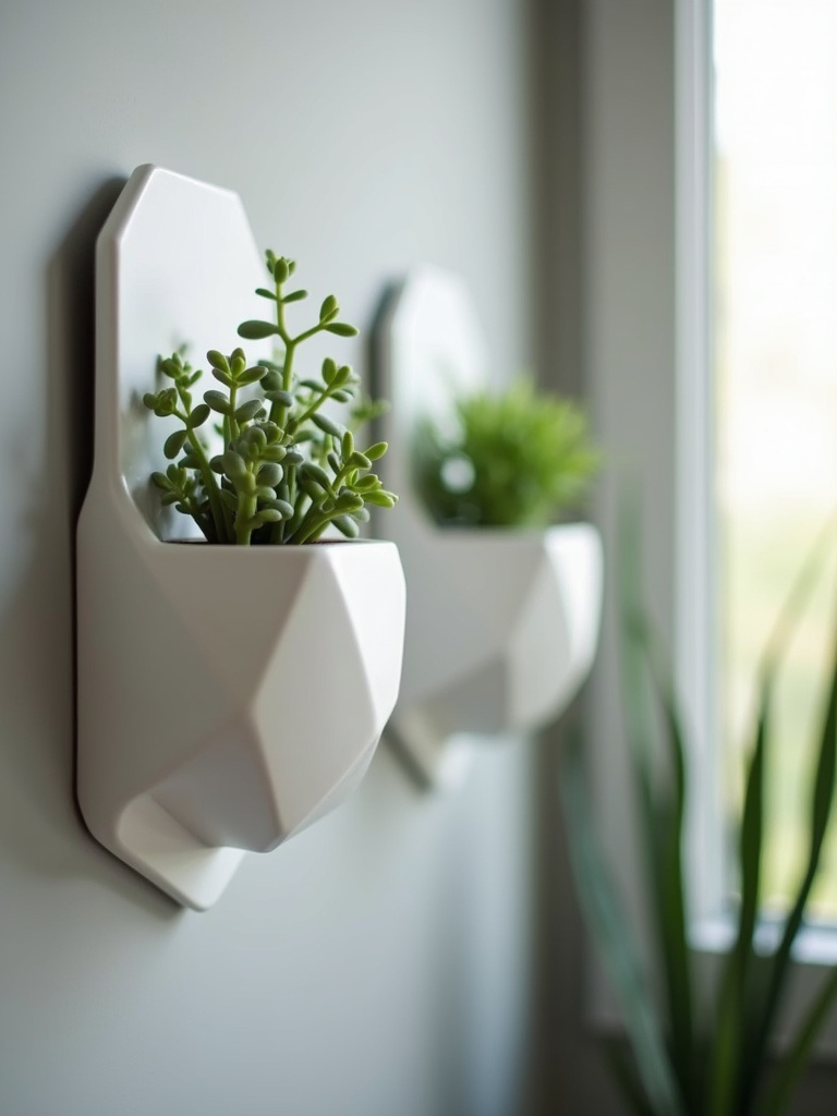 A modern minimalist living room featuring white ceramic wall planters in geometric shapes mounted on a gray wall, filled with succulents.