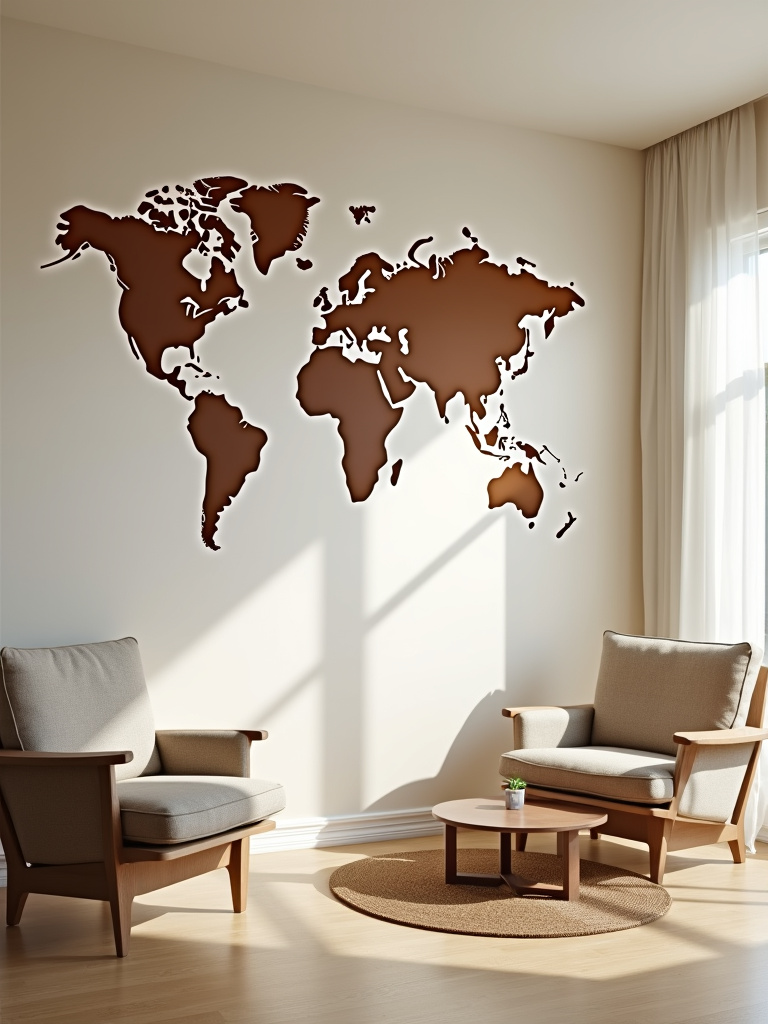 A modern living room featuring a large world map wall decal in muted colors on a light beige wall, with minimalist furniture.