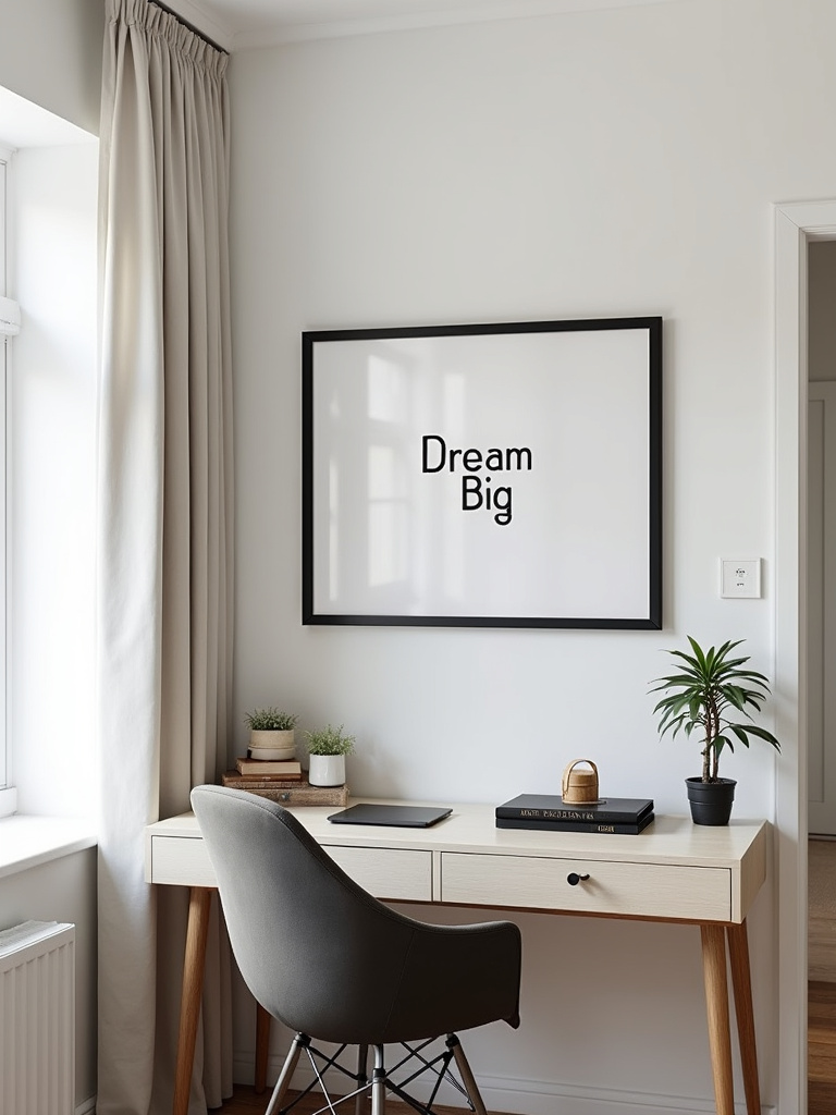 A contemporary living room featuring framed inspirational quote wall art