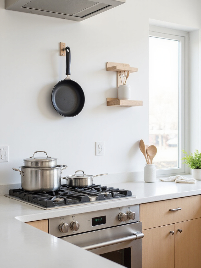 Minimalist kitchen with essential cookware and utensils: cast iron skillet, stainless steel pots, and wooden utensils.